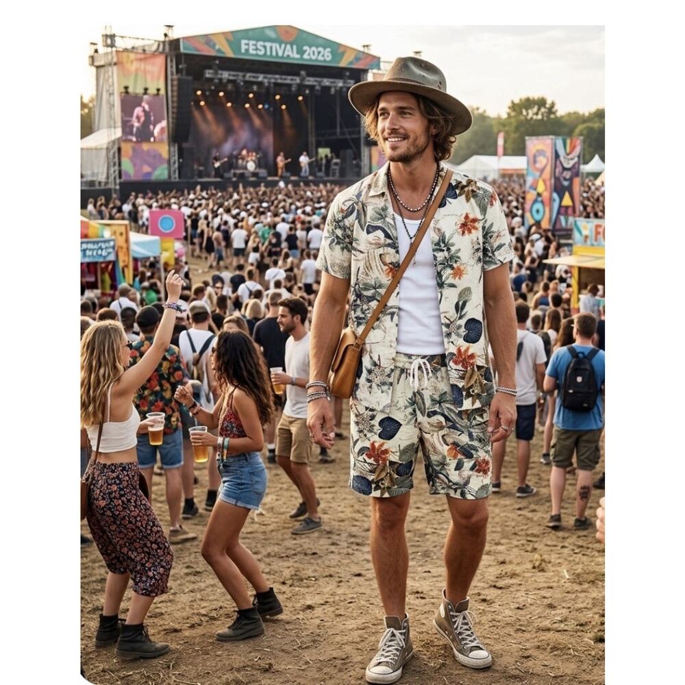 JOGAL Men Matching 2 Piece Set Floral Shirt/Shorts Cabana Med
 Hawaiian Festival